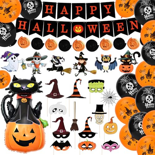 Halloween Ballons, 53 Stück Halloween Party Dekoration Set, Halloween Luftballons Deko, Grusel Fotorequisiten, Enthalten Kürbis Geist Spinne Hexe Schwarze Katze für Halloween Party Dekoration von Auauraintt