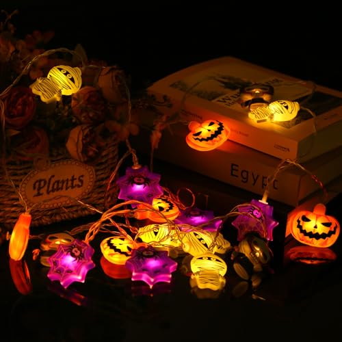 Aubess 3 Meter Halloween Lichterkette, 20 LED Lichter 2 Modi Lichterkette Halloween, Kürbis, Spinne, Skelett und Mumie Halloween Lichterketten, Halloween Lichter für Indoor Dekoration, Parties von Aubess