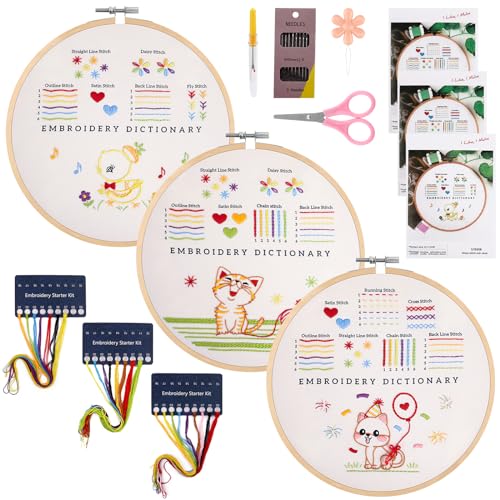 Aubess 3 Patterns Sticken Set Erwachsene, Stickset mit Scheren, Nadeln, Einfädler und Entwirrer, Embroidery Kit für DIY Kunst,Handwerk,Anfänger von Aubess