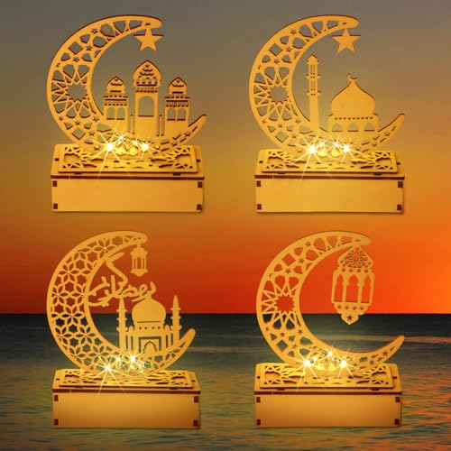 Aubess 4 Stück Ramadan Dekoration Lampe Holz, Ramadan Deko Laterne, Ramadan Deko Holz Led Lampe, LED Mond Stern Ramadan Deko, Ramadan Laterne, Ramadan Tischdeko für Zuhause, Büro, Ramadan Dekoration von Aubess