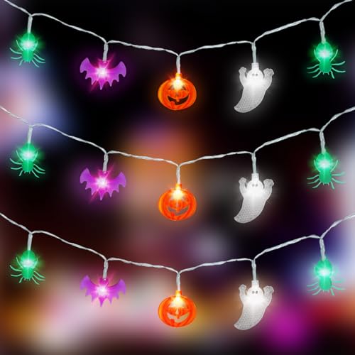 Aubess Halloween Lichterkette, 6M 40 LED Halloween String Light, Lichterkette Halloween Batterie, Kürbisse Geister Spinnen Fledermäuse Lichterkette für Halloween Deko Party Garten von Aubess