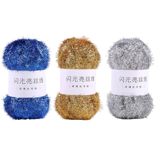 Aublinto Coats Yarn bilaterales glitzerndes Garn handgefertigt DIY-Taschentuch Geschirrtuchgarn funkelndes Seidengarn ölabweisendes goldenes Garn Sparkle Dish Scrubby Garn Kammgewicht 3 Stück von Aublinto