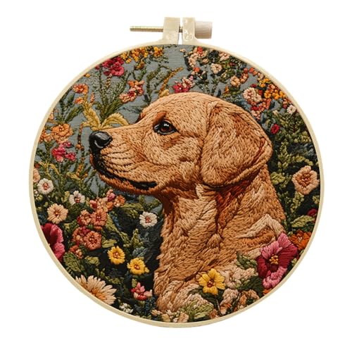 Aublinto Sticken Set kreuzstich set Bastelideen DIY Geschenkideen Stickerei Ideen Handgemachte Geschenke 15 cm Stickrahmen Hund Blume Sticktuch Nadel Faden Werkzeuge Kreuzstich-Set für Erwachsene von Aublinto