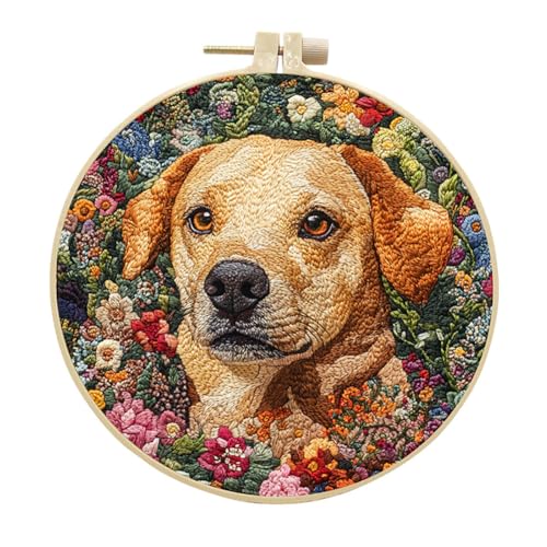 Aublinto Sticken Set kreuzstich set Bastelideen DIY Geschenkideen Stickerei Ideen Handgemachte Geschenke 15 cm Stickrahmen Hund Blume Sticktuch Nadel Faden Werkzeuge Kreuzstich-Set für Erwachsene von Aublinto