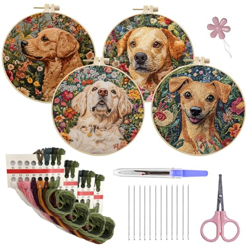 Aublinto Sticken Set kreuzstich set Bastelideen DIY Geschenkideen Stickerei Ideen Handgemachte Geschenke 15 cm Stickrahmen Hund Blume Sticktuch Nadel Faden Werkzeuge Kreuzstich-Set für Erwachsene von Aublinto