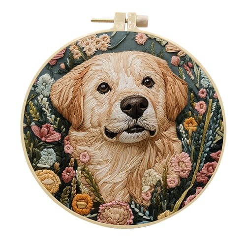 Aublinto Sticken Set kreuzstich set Bastelideen DIY Geschenkideen Stickerei Ideen Handgemachte Geschenke 15 cm Stickrahmen Hund Blume Sticktuch Nadel Faden Werkzeuge Kreuzstich-Set für Erwachsene von Aublinto