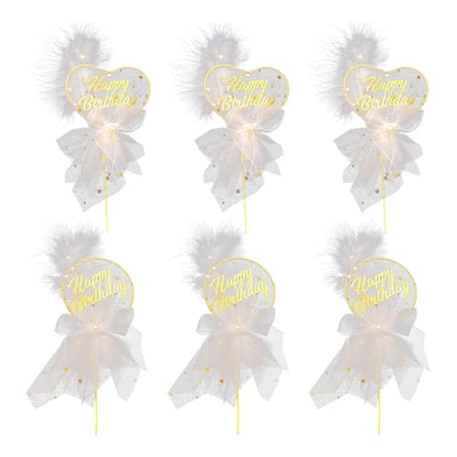 Aublinto happy birthday tortenaufsatz Geburtstagsparty schilder flaggen Happy Birthday Tortendeko Kuchendeko Tortenstecker 6er-Set goldene elegante Federn Netzschleife Perlen für Junge Mädchen von Aublinto