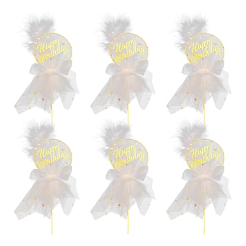 Aublinto happy birthday tortenaufsatz Geburtstagsparty schilder flaggen Happy Birthday Tortendeko Kuchendeko Tortenstecker 6er-Set goldene elegante Federn Netzschleife Perlen für Junge Mädchen von Aublinto