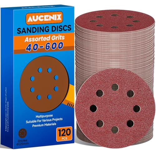 Aucenix 120Pcs Schleifpapier 125mm klett: 8 Löcher Schleifscheiben 40/60/80/120/150/180/240/320/400/600 verschiedenen Körnungen - Schleifblätter für Exzenterschleifer für Metall Wand Holz von Aucenix