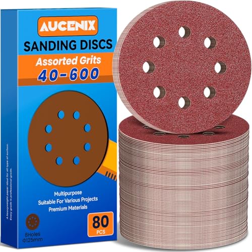 Aucenix 80Pcs Schleifpapier 125mm klett: 8 Löcher Schleifscheiben 40/60/80/120/150/180/240/320/400/600 verschiedenen Körnungen - Schleifblätter für Exzenterschleifer für Metall Wand Holz von Aucenix