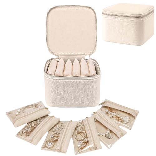 Aucuu Reise Schmuckkästchen, Schmuckkasten Klein mit 6 Schmuckbeutel, PU-Leder Schmuck Organizer, Schmuckschatulle, Schmuckaufbewahrung für Ohrringe Ketten Ringe Armbänder für Mädchen Frauen von Aucuu