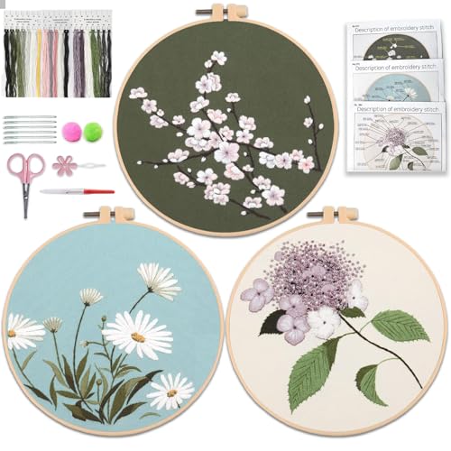 Aucuu Stickset für Anfänger, 3 Stück Sticken Set Erwachsene, Blumenmuster Pflanzen Sticken Set, Embroidery Starter Kits, Kreuzstich Set, Erwachsene Stickerei Set mit 1 Stickrahmen 6 Nadel 19 Stickgarn von Aucuu