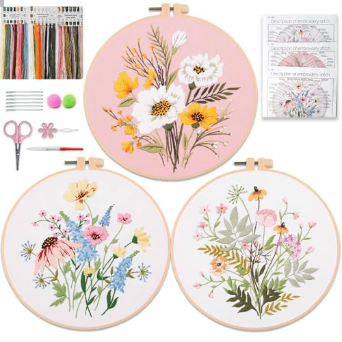 Aucuu Stickset für Anfänger, 3 Stück Sticken Set Erwachsene, Blumenmuster Pflanzen Sticken Set, Embroidery Starter Kits, Kreuzstich Set, Erwachsene Stickerei Set mit 1 Stickrahmen 6 Nadel 34 Stickgarn von Aucuu