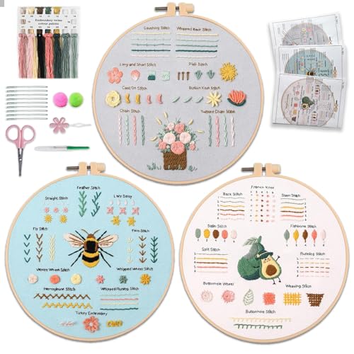 Aucuu Stickset für Anfänger, 3 Stück Sticken Set Erwachsene, Blumenmuster Pflanzen Sticken Set, Embroidery Starter Kits, Kreuzstich Set, Erwachsene Stickerei Set mit 1 Stickrahmen 9 Nadel 12 Stickgarn von Aucuu