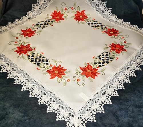 Aude Home Weihnachtstischdecke 85x85, bestickt mit rotem Weihnachtsstern und Spitze, Polyester, 2er Set, für Mitteltisch, Weihnachten, Hochzeit von Aude Home