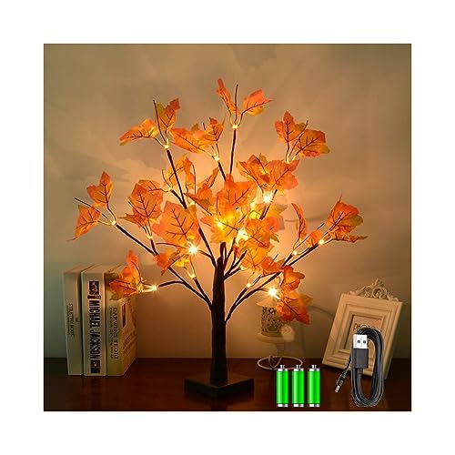 Herbstdeko LED Ahornblatt Baum Licht USB & Akku, 50cm 24 LEDs Schreibtisch Ahorn-Blätter Baumlicht Warmweiß, Herbst Dekoration Blätter Lichterketten für Erntedankfest, Halloween Weihnachten, Tischdeko von Audor