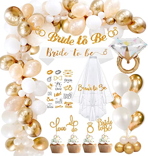 Auezona Bride to Be Deko Gold, Jga Deko Frauen with Gold Ballons Schärpe Girlande Schleier Tortenstecker, Jungesellinnenabschied Frau Accessoires Deko Bachelorette Party Decoration von Auezona