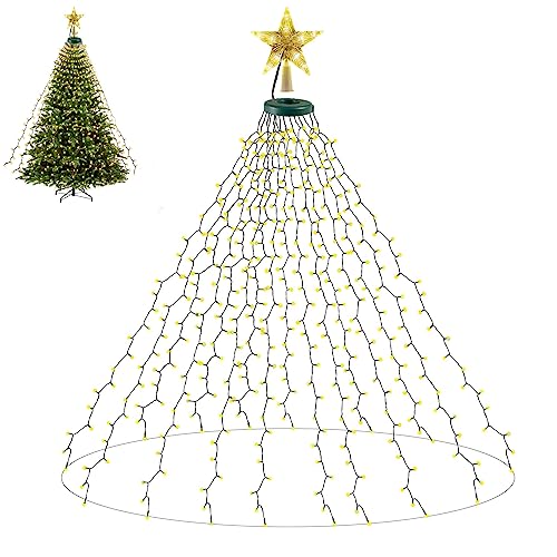 Auezona Christbaumbeleuchtung mit Ring, 400er LED Weihnachtsbaum Lichterkette mit Weihnachtsbaumspitze Stern, 16 Girlanden 2m 8 Leuchtmodi Warmweiß Lichterkette Tannenbaum Innen für 150cm-240cm Baum von Auezona