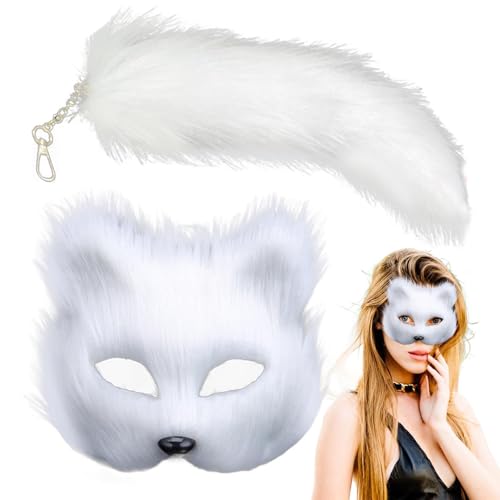 Set Mit Halber Gesichtsbedeckung Und Schwanz Aus Künstlichem Fuchs, Wiederverwendbares Pelziges Fuchs-Spielkostüm, Cosplay-Animal-Requisiten, Maskerade-Party, Plüsch-Tierschwanz Und Gesichtsmaske von Aufquwk