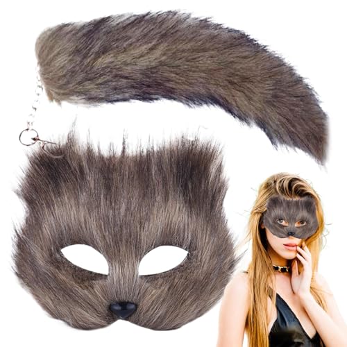 Set Mit Halber Gesichtsbedeckung Und Schwanz Aus Künstlichem Fuchs, Wiederverwendbares Pelziges Fuchs-Spielkostüm, Cosplay-Therian-Requisiten, Maskerade-Party, Plüsch-Tierschwanz Und Gesichtsmaske von Aufquwk