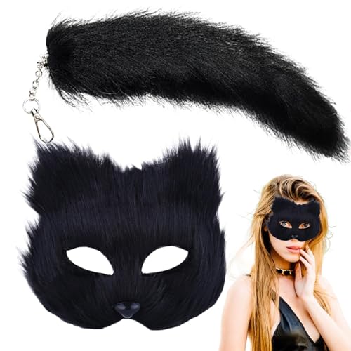 Set Mit Halber Gesichtsbedeckung Und Schwanz Aus Künstlichem Fuchs, Wiederverwendbares Pelziges Fuchs-Spielkostüm, Cosplay-Animal-Requisiten, Maskerade-Party, Plüsch-Tierschwanz Und Gesichtsmaske von Aufquwk