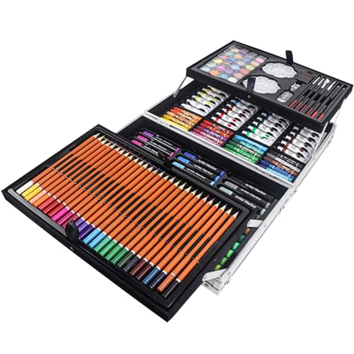 AufuN 145 teiliges Zeichenset Buntstifte Set Aluminium-Malkasten inkl. Wachsmalstifte, Aquarellstifte, Pastell, Ölkreide, Radiergummis, Ideales Stifte Set für Künstler, Erwachsene und Kinder von AufuN