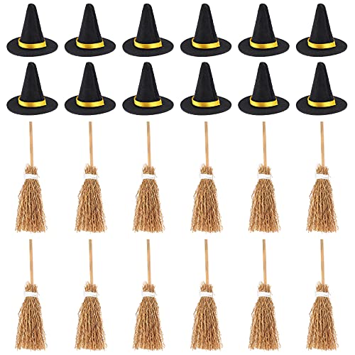 24 Stück Mini Hexenhüte und Besen Dekoration Halloween Mini Filz Hexenhut Mini Besen Ornament mit weißem Seil Hexenzubehör für DIY Handwerk Halloween Party Gastgeschenke von Augenstern