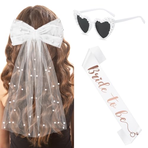 3 Stück JGA Accessoires Frauen- Schleier JGA Weiße, Bride to Be Schärpe, Herz Sonnenbrille Perle, JGA deko frauen für Junggesellenabschied Brautparty und Hochzeitsfotografie von Augesak