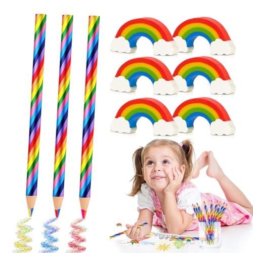 Augesak 24 Stück Regenbogen Buntstifte Set, 12 Regenbogenstifte Kinder mit 12 Regenbogen Radiergummi, Regenbogenstift für Malen und Zeichnen, 4 in 1 Bunte Stifte, Mitgebsel Kindergeburtstag von Augesak