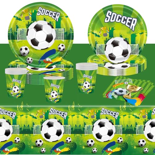 Fußball Partygeschirr Set, Fussball Deko Geburtstag Kinder, 51 Stück Fußball Geburtstag Partygeschirr Set ，Papptellern, Bechern, Servietten, Tischtüchern für Fußball Party Deko von Augesak