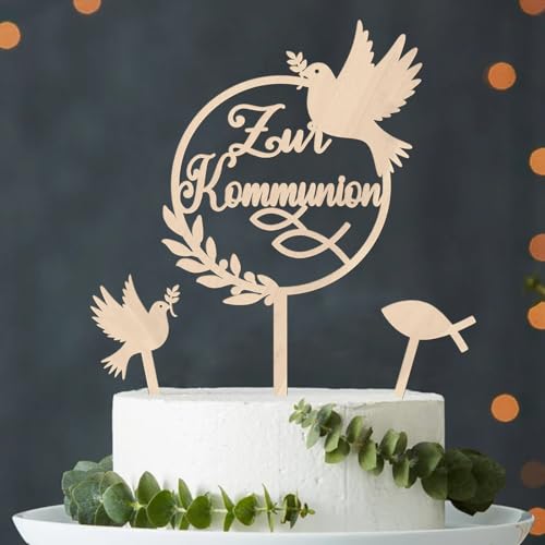 Tortendeko Kommunion Holz, Cake Topper Zur Kommunion, Taube Fisch Kuchen Deko Kommunion, Torten Topper Kommunion, Tortendeko Kommunion Mädchen Junge Erstkommunion Torte Deko von Augesak