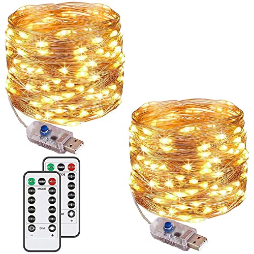 Augone 2 Stück LED Lichterkette mit 120 LEDs, 12M 8 Modi, USB-Stecker, wasserdicht, Kupfer-Lichterkette mit Fernbedienung, Timer für Schlafzimmer, Party, Hochzeit, Weihnachten (warmweiß) von Augone