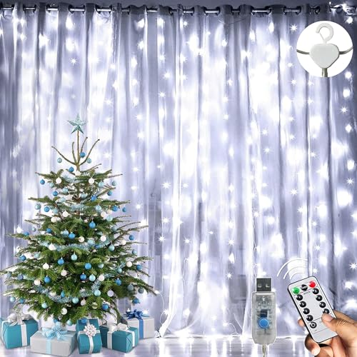 LED Lichterketten Lichtervorhang 300 LEDs USB Vorhanglichter 8 Modi Mit ferngesteuertem Timer, IP65 wasserdichte, Geeignet für Schlafzimmer, Fenster, Weihnachten, Party, Hochzeit, kühles Weiß von Augone