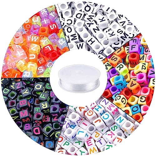 Augshy 1400 Stück 5 Farben Acryl Buchstabenperlen Würfel Alphabet Perlen mit 1 Rolle 50M Kristall Schnur für Schmuckherstellung （6mm） von Augshy