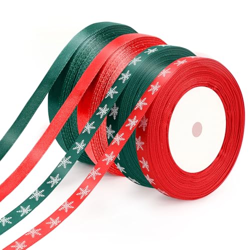 Augshy Geschenkband Weihnachten, 4 Rollen 1 cm x 23 m Schleifenband Weihnachten Weihnachtsband Rot Grün Schneeflocke Satinband für Weihnachten Geschenk Deko von Augshy