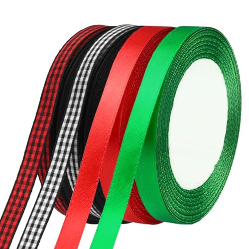 Augshy Geschenkband Weihnachten, 4 Rollen 10mm Weihnachten Schleifenband 100 Yards Weihnachtsband Rot Grün Geschenkband für Weihnachten Geschenk Deko von Augshy