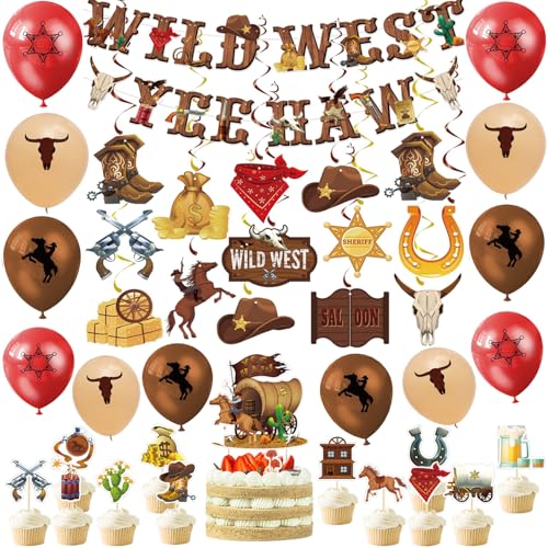 Western Cowboy Party Dekorationen Supplies mit Wild West Yee Haw Banner hängende Wirbel Decke Luftschlangen Kuchen Topper Ballons Dekor für Mädchen Jungen Geburtstag Party von Augweyang