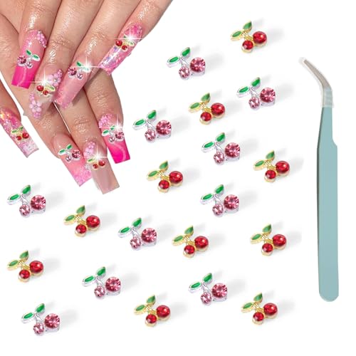 Auiremrti 20 Stück Nail Charms Set - Glitzernde Strasssteine Und Nagelsteine - Selbstklebende Kirsche Deko Für Nägel - Nail Art Zubehör Mit Pinzette von Auiremrti