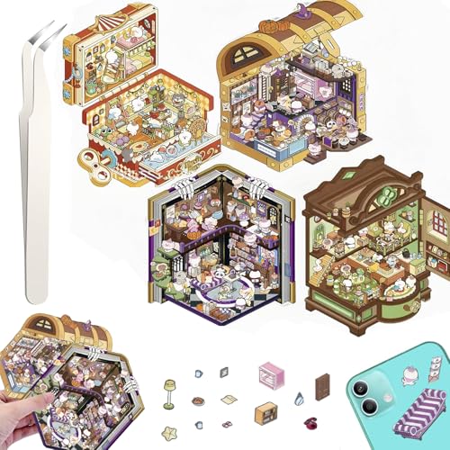 Auiremrti 4 Sets DIY 3D Haus Sticker Set,Verschiedene Themen,3D-Cartoon-Szenen-Aufkleber,Wiederverwendbare Aufkleber,Für Scrapbooking Und Dekoration,Inklusive Pinzette von Auiremrti