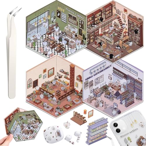 Auiremrti 4 Sets DIY 3D Haus Sticker Set,Verschiedene Themen,3D-Cartoon-Szenen-Aufkleber,Wiederverwendbare Aufkleber,Geeignet zum Zeitvertreib,Inklusive Pinzette von Auiremrti