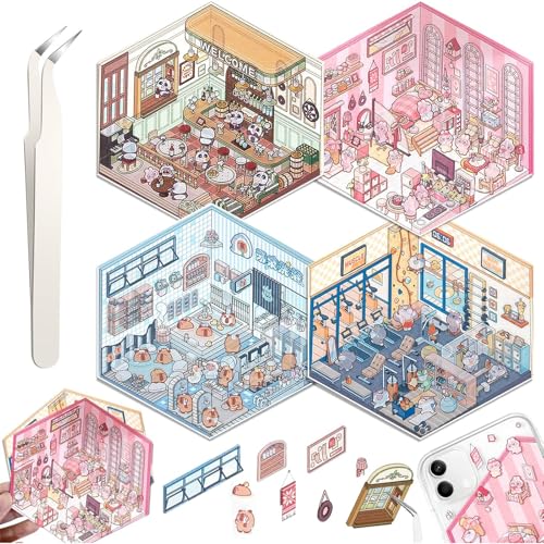 Auiremrti DIY 3D Haus Sticker Set,4 Sets Verschiedene Themen,Wiederverwendbare Aufkleber,Für Scrapbooking Und Dekoration,3D-Cartoon-Szenen-Aufkleber,Inklusive Pinzette von Auiremrti