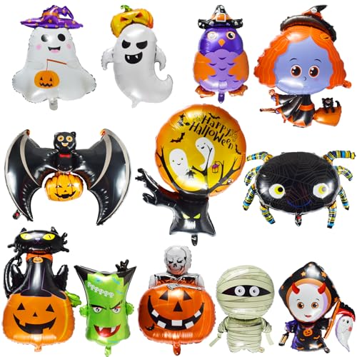 12 Stücke Halloween Deko Luftballons,Halloween Folienballon,Halloween Kürbis Geist Fledermaus Hexe Eule Katze Trockner Spinne Luftballon Set,Halloween Nacht Party Mylar Aluminium Helium Ballon Kinder von Auirshiky