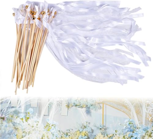 30 Stück Wedding Wands mit Glocken, Ribbon Zauberstäbe Hochzeit Luftschlangen Seidenfeenstab für Hochzeit Weihnachten Geburtstag Party, Weiß von Auirshiky