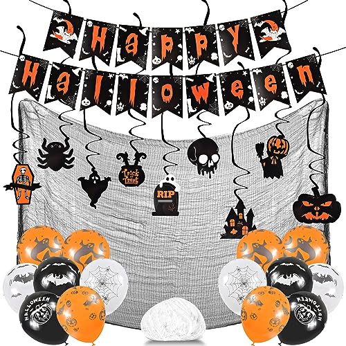 Halloween Deko Set, Halloween Kinder Dekoration Party mit Girlande, Hängende Halloween Spiralen, Halloween Dekostoff Tuch, Luftballons, Tischdecke, Spinnennetz, Ballons für Halloween Party Deko. von Auirshiky