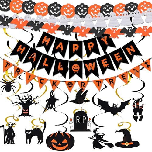 Halloween Party Deko Set,Happy Halloween Banner,Wiederverwendbare Halloween Deko,Halloween Deko Set,Halloween Banner & Hängedeko,Hängende Halloween Spiralen, für Halloween Party Dekoration von Auirshiky