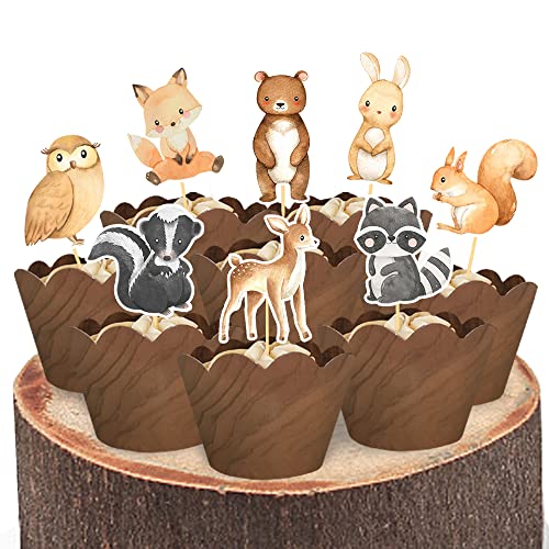 24 Stück Woodland Cupcake Topper und Wrappers, Jungle Safari Zoo Kuchen Dekorationen Lebensmittel Picks für Tier Thema Babyparty Geburtstag Party Zubehör von Aukolass