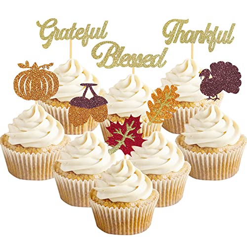 Glitzernde Cupcake-Topper für Thanksgiving, 24 Stück Herbstthemen, Cupcake-Topper Truthahn, Ahornblatt, Kürbis, Kuchen-Picker für Thanksgiving, Party-Dekorationen von Aukolass