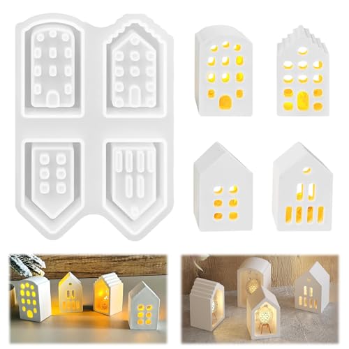 Aulese Silikonform Gießformen Häuser 4 Stück, Mini Silikonform Haus, 3D DIY Giessformen Silikon Gießform Weihnachten (Mini, Rund) von Aulese