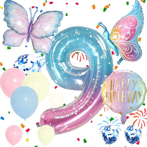 Folienballon Set Zahl 9 Blau Rosa 9 Geburtstag Party Ballon Mädchen Schmetterling Luftballons Dekorationen Supplies für Babyparty Dekorationen Schule Party Feier (Nummer 9) von Auliuse