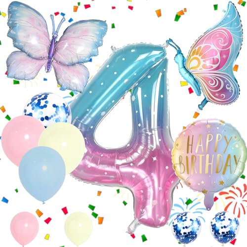 Folienballons Set Zahl 4 Blau Rosa 4 Geburtstag Party Ballon Mädchen Schmetterling Luftballons Dekorationen Supplies für Babyparty Dekorationen Schule Party Feier (Nummer 4) von Auliuse